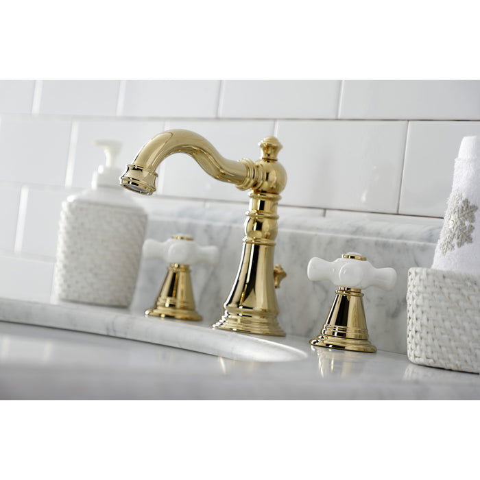 Kingston Heirloom FSC1972APX - American Classic Two-Handle 3-Hole Deck Mount Widespread Bathroom Faucet with Pop-Up Drain, Polished Brass