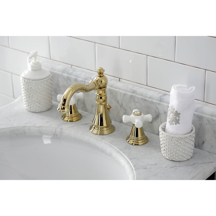 Kingston Heirloom FSC1972APX - American Classic Two-Handle 3-Hole Deck Mount Widespread Bathroom Faucet with Pop-Up Drain, Polished Brass