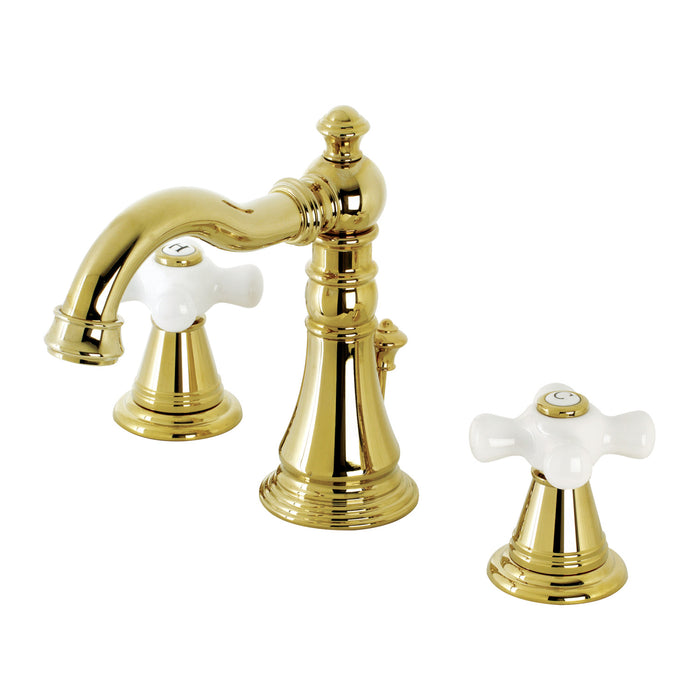 Kingston Heirloom FSC1972APX - American Classic Two-Handle 3-Hole Deck Mount Widespread Bathroom Faucet with Pop-Up Drain, Polished Brass