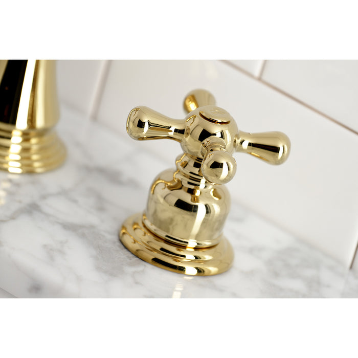 Kingston Heirloom FSC1972AX - American Classic Two-Handle 3-Hole Deck Mount Widespread Bathroom Faucet with Pop-Up Drain, Polished Brass