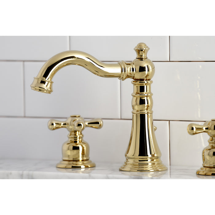 Kingston Heirloom FSC1972AX - American Classic Two-Handle 3-Hole Deck Mount Widespread Bathroom Faucet with Pop-Up Drain, Polished Brass
