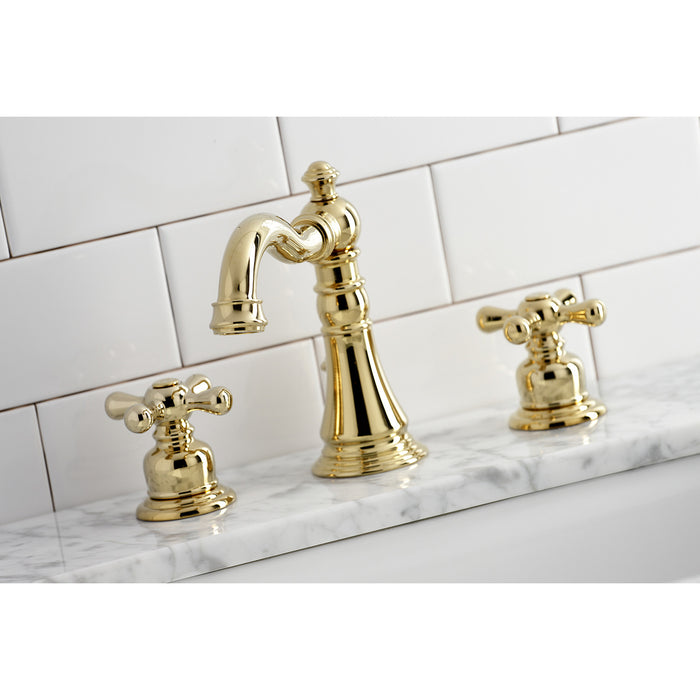 Kingston Heirloom FSC1972AX - American Classic Two-Handle 3-Hole Deck Mount Widespread Bathroom Faucet with Pop-Up Drain, Polished Brass