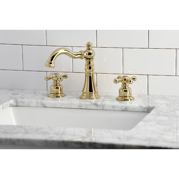 Kingston Heirloom FSC1972AX - American Classic Two-Handle 3-Hole Deck Mount Widespread Bathroom Faucet with Pop-Up Drain, Polished Brass