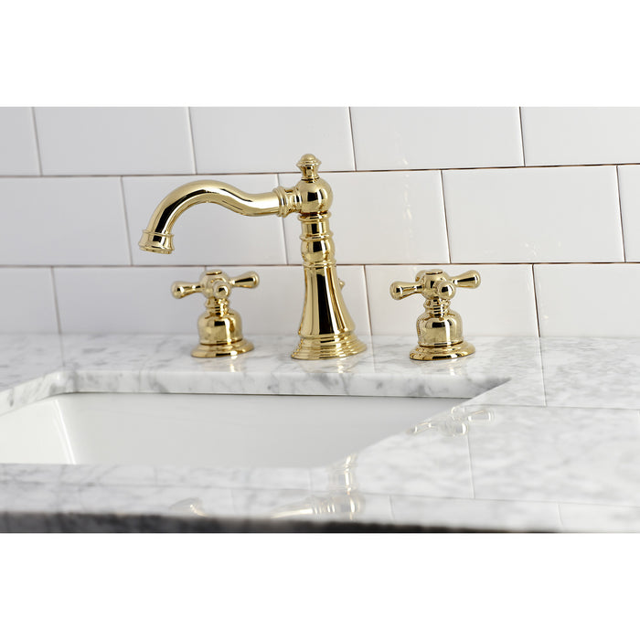 Kingston Heirloom FSC1972AX - American Classic Two-Handle 3-Hole Deck Mount Widespread Bathroom Faucet with Pop-Up Drain, Polished Brass
