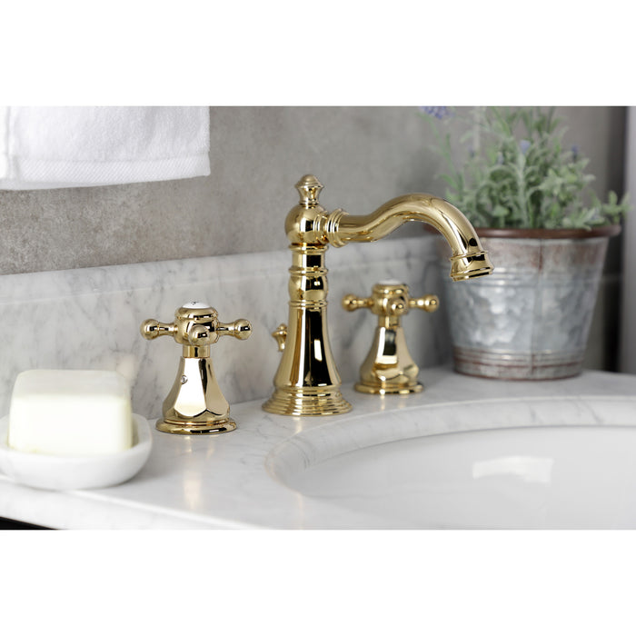 Kingston Heirloom FSC1972BX - Metropolitan Two-Handle 3-Hole Deck Mount Widespread Bathroom Faucet with Pop-Up Drain, Polished Brass