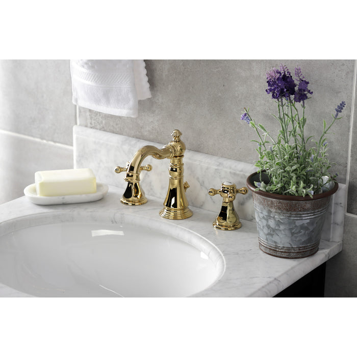 Kingston Heirloom FSC1972BX - Metropolitan Two-Handle 3-Hole Deck Mount Widespread Bathroom Faucet with Pop-Up Drain, Polished Brass