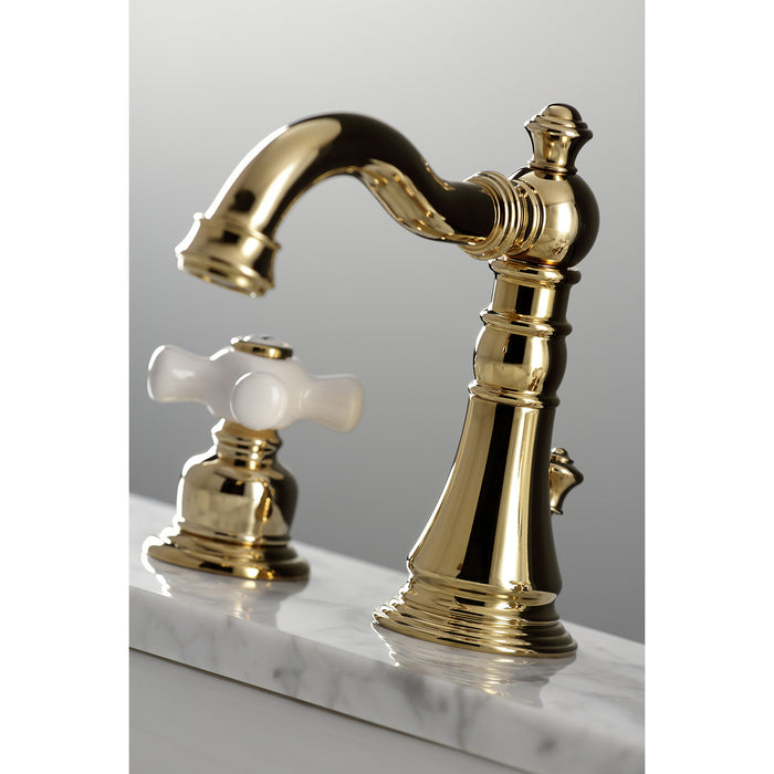 Kingston Heirloom FSC1972PX - American Classic Two-Handle 3-Hole Deck Mount Widespread Bathroom Faucet with Pop-Up Drain, Polished Brass