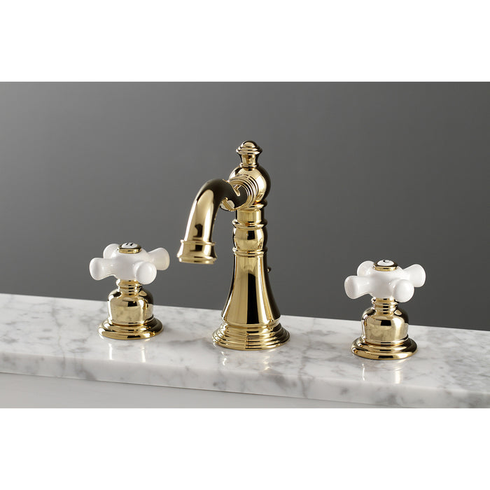 Kingston Heirloom FSC1972PX - American Classic Two-Handle 3-Hole Deck Mount Widespread Bathroom Faucet with Pop-Up Drain, Polished Brass