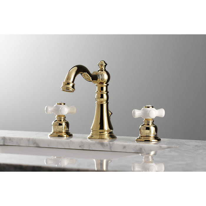 Kingston Heirloom FSC1972PX - American Classic Two-Handle 3-Hole Deck Mount Widespread Bathroom Faucet with Pop-Up Drain, Polished Brass