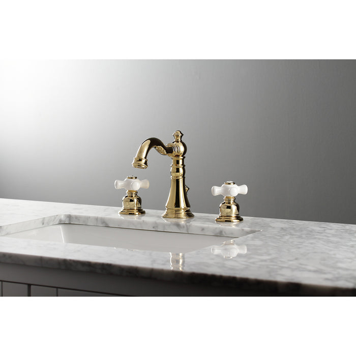 Kingston Heirloom FSC1972PX - American Classic Two-Handle 3-Hole Deck Mount Widespread Bathroom Faucet with Pop-Up Drain, Polished Brass