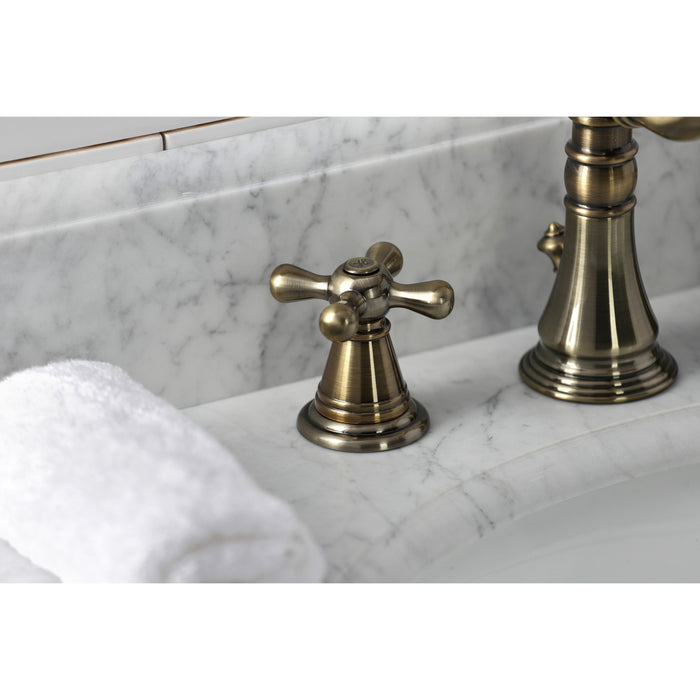 Kingston Heirloom FSC19733AAX - American Classic Two-Handle 3-Hole Deck Mount Widespread Bathroom Faucet with Brass Pop-Up, Antique Brass