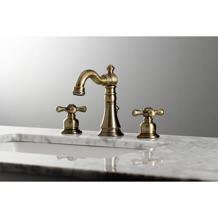 Kingston Heirloom FSC19733AX - American Classic Two-Handle 3-Hole Deck Mount Widespread Bathroom Faucet with Brass Pop-Up, Antique Brass