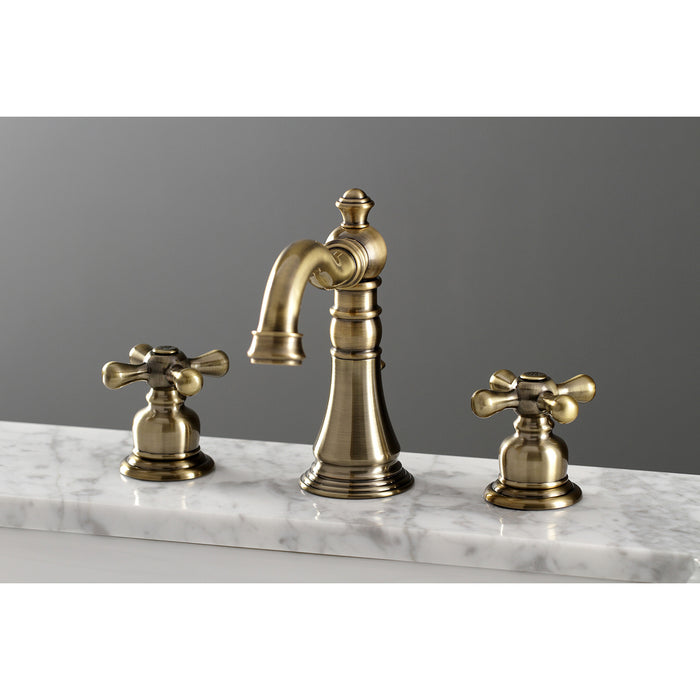 Kingston Heirloom FSC19733AX - American Classic Two-Handle 3-Hole Deck Mount Widespread Bathroom Faucet with Brass Pop-Up, Antique Brass