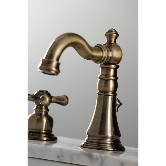 Kingston Heirloom FSC19733AX - American Classic Two-Handle 3-Hole Deck Mount Widespread Bathroom Faucet with Brass Pop-Up, Antique Brass