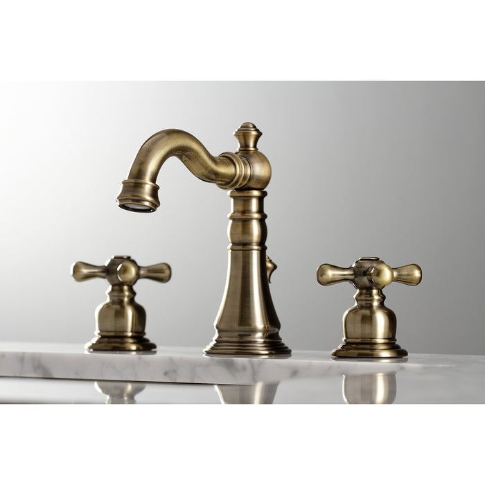 Kingston Heirloom FSC19733AX - American Classic Two-Handle 3-Hole Deck Mount Widespread Bathroom Faucet with Brass Pop-Up, Antique Brass