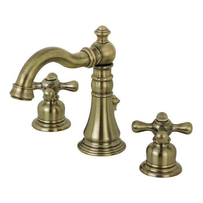 Kingston Heirloom FSC19733AX - American Classic Two-Handle 3-Hole Deck Mount Widespread Bathroom Faucet with Brass Pop-Up, Antique Brass