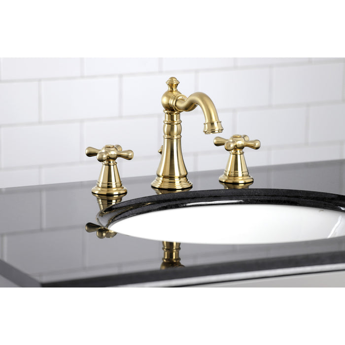 Kingston Heirloom FSC1973AAX - American Classic Two-Handle 3-Hole Deck Mount Widespread Bathroom Faucet with Brass Pop-Up, Brushed Brass
