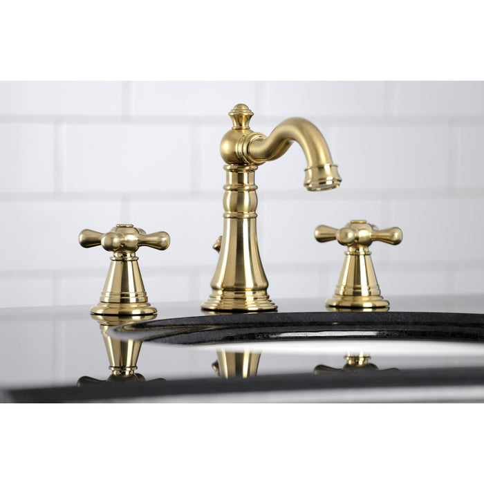 Kingston Heirloom FSC1973AAX - American Classic Two-Handle 3-Hole Deck Mount Widespread Bathroom Faucet with Brass Pop-Up, Brushed Brass