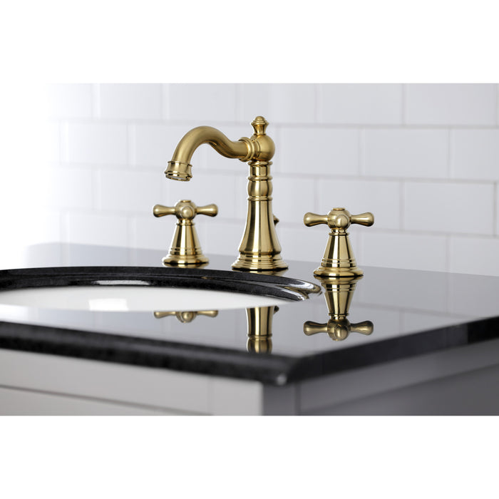 Kingston Heirloom FSC1973AAX - American Classic Two-Handle 3-Hole Deck Mount Widespread Bathroom Faucet with Brass Pop-Up, Brushed Brass