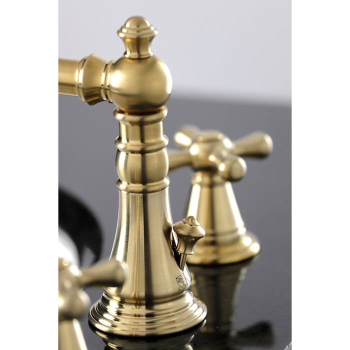 Kingston Heirloom FSC1973AAX - American Classic Two-Handle 3-Hole Deck Mount Widespread Bathroom Faucet with Brass Pop-Up, Brushed Brass