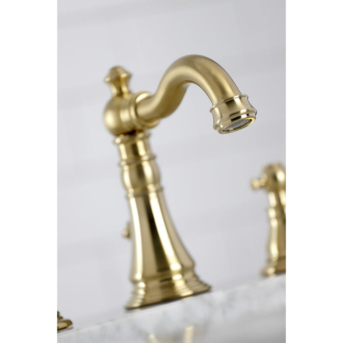 Kingston Heirloom FSC1973AKL - Duchess Two-Handle 3-Hole Deck Mount Widespread Bathroom Faucet with Brass Pop-Up, Brushed Brass