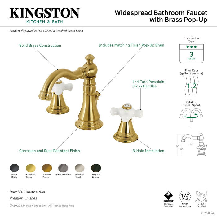 Kingston Heirloom FSC1973APX - American Classic Two-Handle 3-Hole Deck Mount Widespread Bathroom Faucet with Brass Pop-Up, Brushed Brass