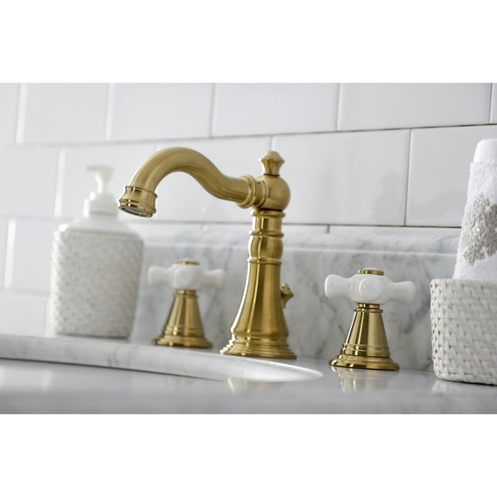 Kingston Heirloom FSC1973APX - American Classic Two-Handle 3-Hole Deck Mount Widespread Bathroom Faucet with Brass Pop-Up, Brushed Brass