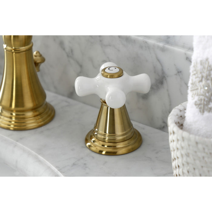 Kingston Heirloom FSC1973APX - American Classic Two-Handle 3-Hole Deck Mount Widespread Bathroom Faucet with Brass Pop-Up, Brushed Brass