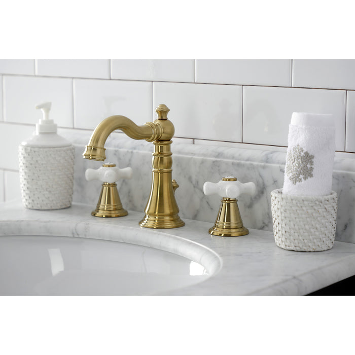 Kingston Heirloom FSC1973APX - American Classic Two-Handle 3-Hole Deck Mount Widespread Bathroom Faucet with Brass Pop-Up, Brushed Brass