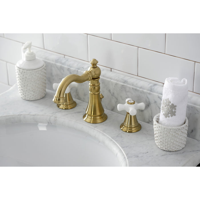 Kingston Heirloom FSC1973APX - American Classic Two-Handle 3-Hole Deck Mount Widespread Bathroom Faucet with Brass Pop-Up, Brushed Brass