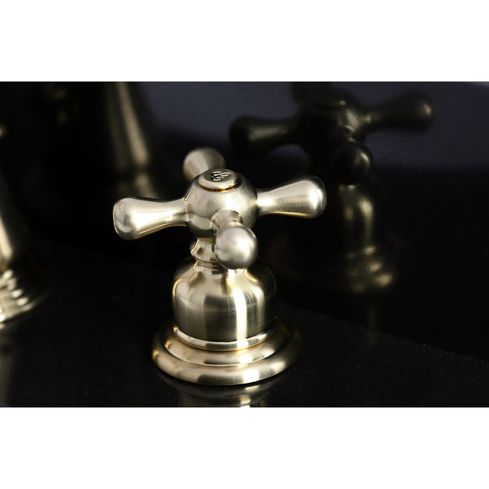 Kingston Heirloom FSC1973AX - American Classic Two-Handle 3-Hole Deck Mount Widespread Bathroom Faucet with Brass Pop-Up, Brushed Brass