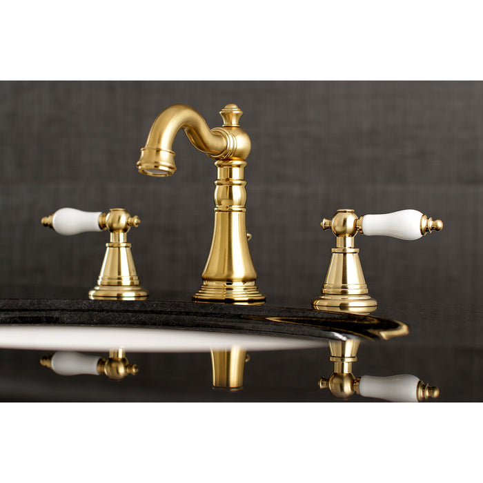 Kingston Heirloom FSC1973PL - English Classic Two-Handle 3-Hole Deck Mount Widespread Bathroom Faucet with Brass Pop-Up, Brushed Brass