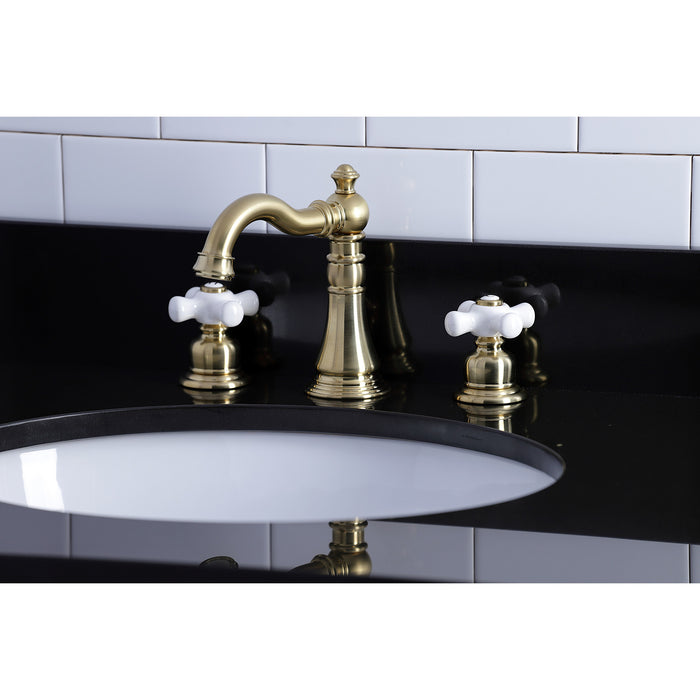 Kingston Heirloom FSC1973PX - American Classic Two-Handle 3-Hole Deck Mount Widespread Bathroom Faucet with Brass Pop-Up, Brushed Brass