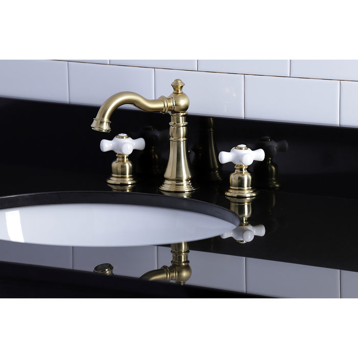 Kingston Heirloom FSC1973PX - American Classic Two-Handle 3-Hole Deck Mount Widespread Bathroom Faucet with Brass Pop-Up, Brushed Brass