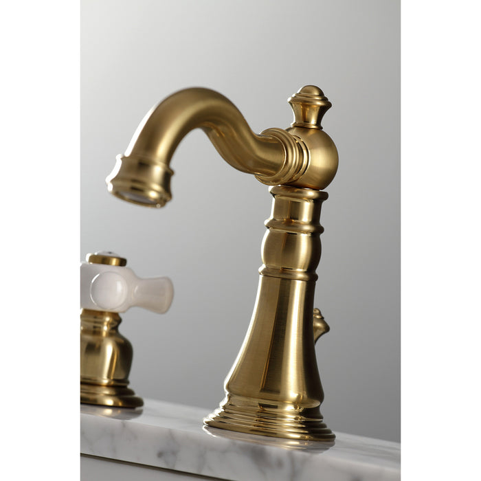 Kingston Heirloom FSC1973PX - American Classic Two-Handle 3-Hole Deck Mount Widespread Bathroom Faucet with Brass Pop-Up, Brushed Brass