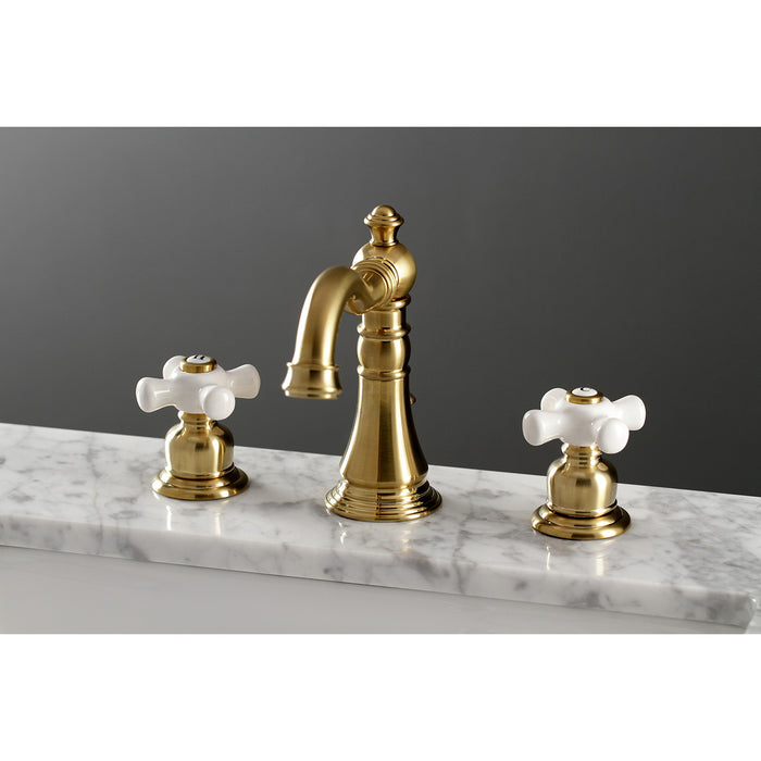 Kingston Heirloom FSC1973PX - American Classic Two-Handle 3-Hole Deck Mount Widespread Bathroom Faucet with Brass Pop-Up, Brushed Brass