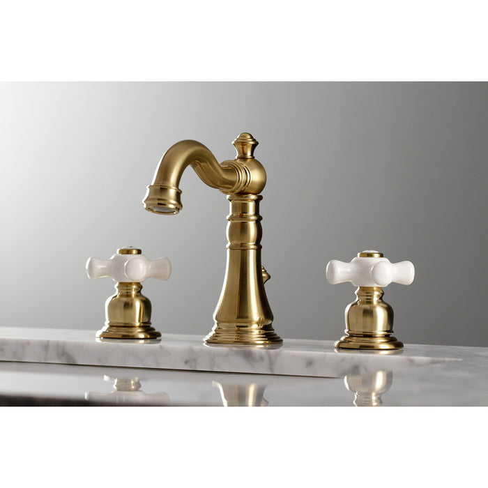 Kingston Heirloom FSC1973PX - American Classic Two-Handle 3-Hole Deck Mount Widespread Bathroom Faucet with Brass Pop-Up, Brushed Brass