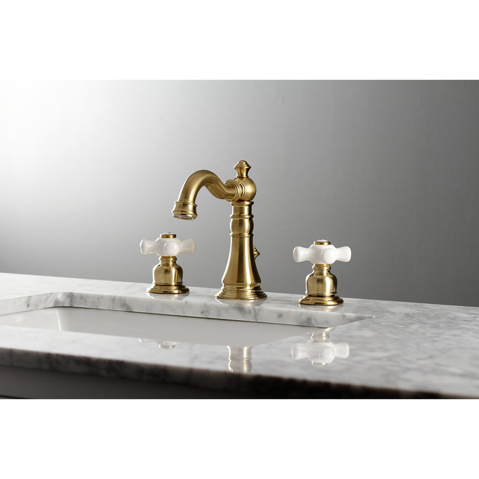 Kingston Heirloom FSC1973PX - American Classic Two-Handle 3-Hole Deck Mount Widespread Bathroom Faucet with Brass Pop-Up, Brushed Brass