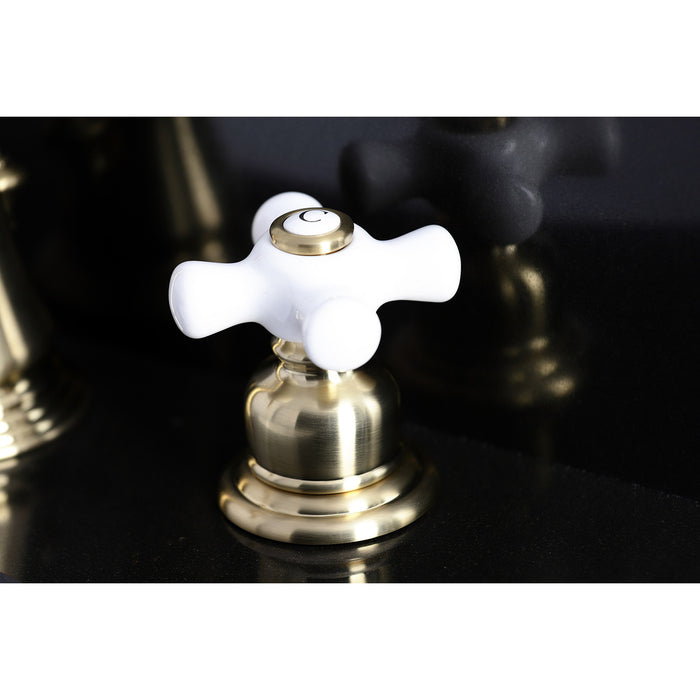 Kingston Heirloom FSC1973PX - American Classic Two-Handle 3-Hole Deck Mount Widespread Bathroom Faucet with Brass Pop-Up, Brushed Brass