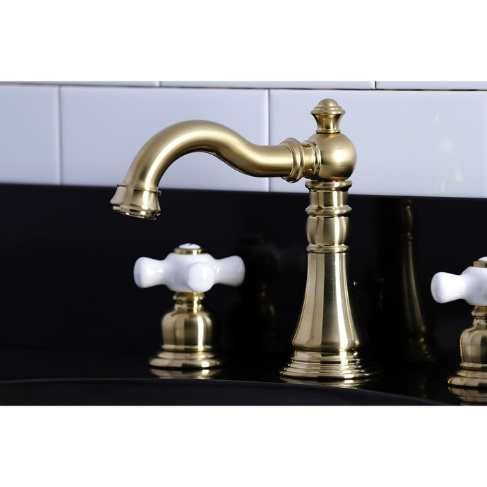 Kingston Heirloom FSC1973PX - American Classic Two-Handle 3-Hole Deck Mount Widespread Bathroom Faucet with Brass Pop-Up, Brushed Brass