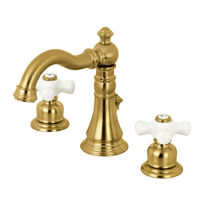 Kingston Heirloom FSC1973PX - American Classic Two-Handle 3-Hole Deck Mount Widespread Bathroom Faucet with Brass Pop-Up, Brushed Brass