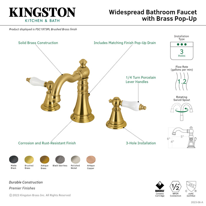 Kingston Heirloom FSC1974PL - English Classic Two-Handle 3-Hole Deck Mount Widespread Bathroom Faucet with Brass Pop-Up, Black Stainless