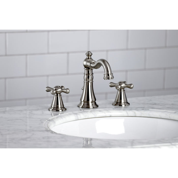 Kingston Heirloom FSC1978AAX - American Classic Two-Handle 3-Hole Deck Mount Widespread Bathroom Faucet with Pop-Up Drain, Brushed Nickel