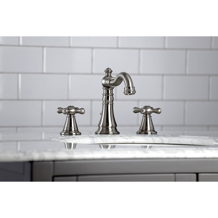 Kingston Heirloom FSC1978AAX - American Classic Two-Handle 3-Hole Deck Mount Widespread Bathroom Faucet with Pop-Up Drain, Brushed Nickel