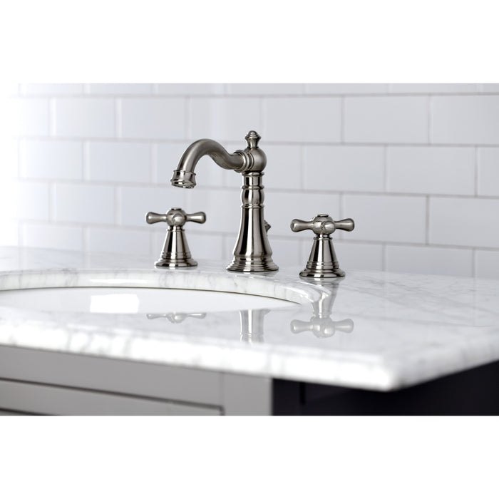 Kingston Heirloom FSC1978AAX - American Classic Two-Handle 3-Hole Deck Mount Widespread Bathroom Faucet with Pop-Up Drain, Brushed Nickel