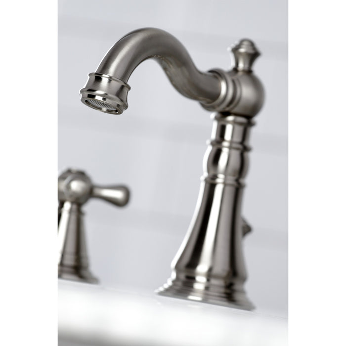 Kingston Heirloom FSC1978AAX - American Classic Two-Handle 3-Hole Deck Mount Widespread Bathroom Faucet with Pop-Up Drain, Brushed Nickel