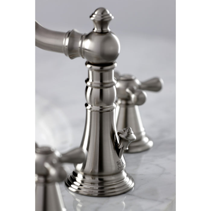 Kingston Heirloom FSC1978AAX - American Classic Two-Handle 3-Hole Deck Mount Widespread Bathroom Faucet with Pop-Up Drain, Brushed Nickel