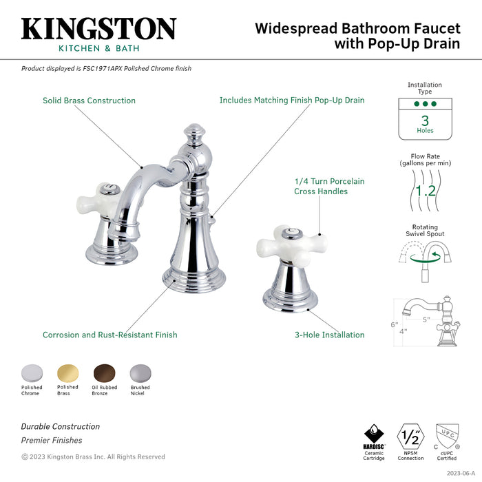 Kingston Heirloom FSC1978APX - American Classic Two-Handle 3-Hole Deck Mount Widespread Bathroom Faucet with Pop-Up Drain, Brushed Nickel