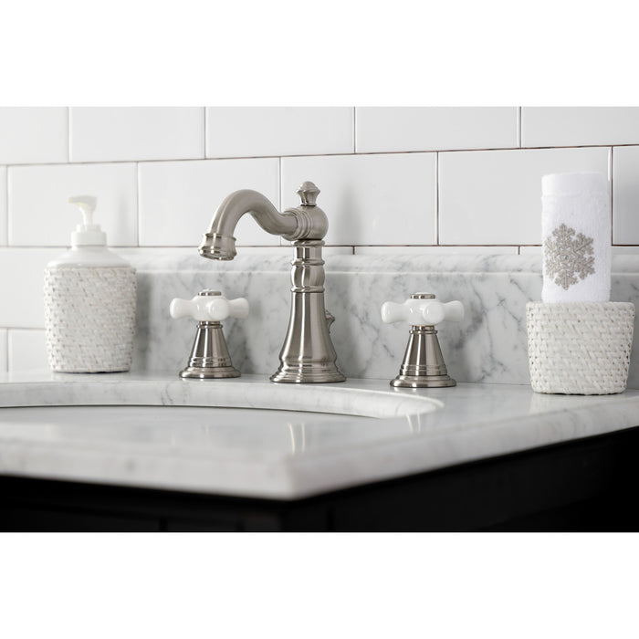 Kingston Heirloom FSC1978APX - American Classic Two-Handle 3-Hole Deck Mount Widespread Bathroom Faucet with Pop-Up Drain, Brushed Nickel