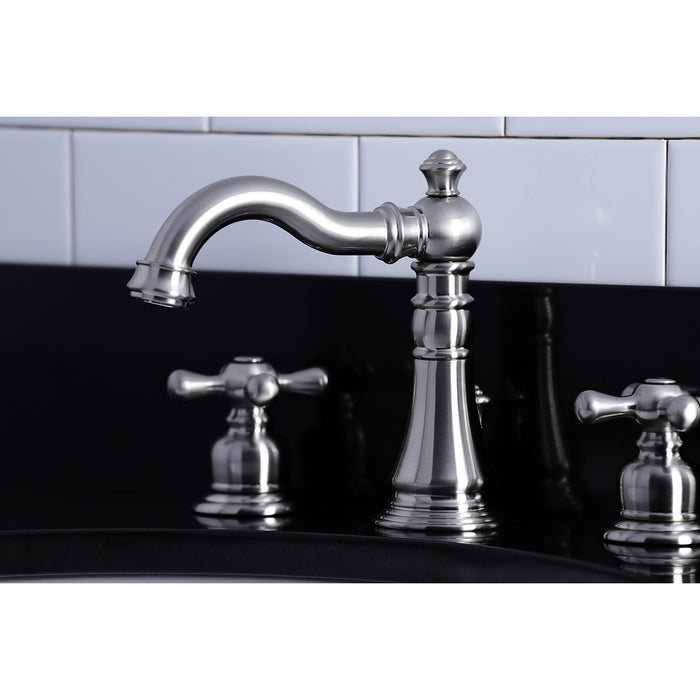 Kingston Heirloom FSC1978AX - American Classic Two-Handle 3-Hole Deck Mount Widespread Bathroom Faucet with Pop-Up Drain, Brushed Nickel